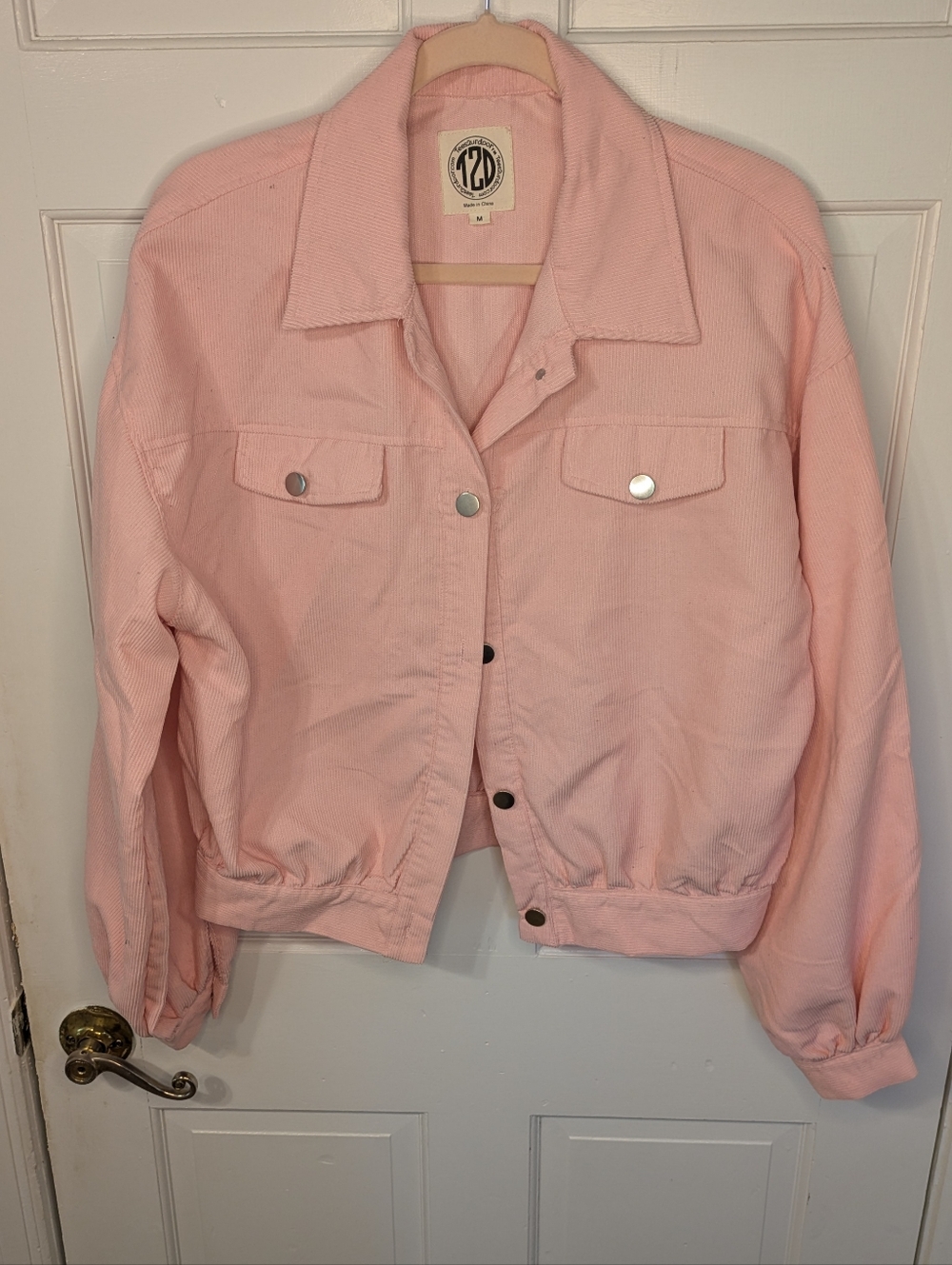Bubblegum Pink Corduroy Denim Jacket With Silver Buttons Cuffed Balloon Sleeves